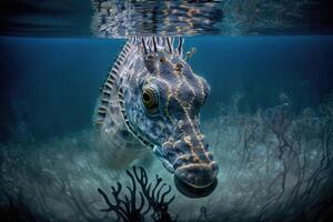 Portrait of a seahorse underwater between coral reefs, photo