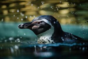 A penguin swims alone under water, . photo