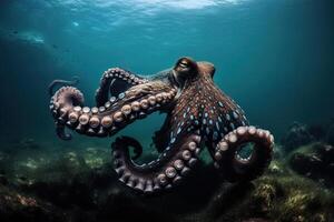 A large octopus at the bottom of the sea between coral reefs, . photo