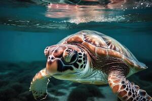 A sea turtle underwater, . photo