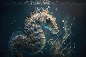 Portrait of a seahorse underwater between coral reefs, photo