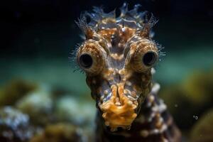 Portrait of a seahorse underwater between coral reefs, photo