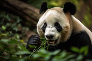A big white panda sits and eats bamboo in a nature reserve, . photo