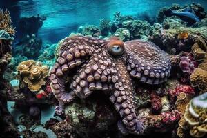 A large octopus at the bottom of the sea between coral reefs, . photo