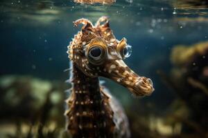 Portrait of a seahorse underwater between coral reefs, photo