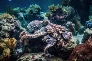 A large octopus at the bottom of the sea between coral reefs, . photo