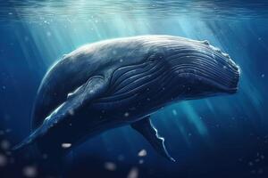 un grande jorobado ballena nada solo en el Oceano aguas, generativo ai. foto