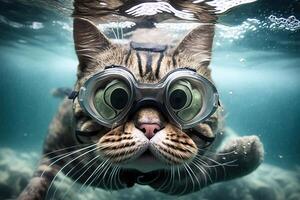 A cat swims underwater in a diving mask, . photo