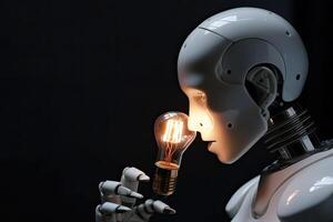 A robot with artificial intelligence holds an electric light bulb in its hands and looks intently at it, . photo