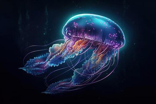 A colorful jellyfish glows at the bottom of the sea, . photo