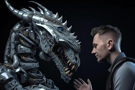 A robot man and a robot dragon look at each other in profile, . photo
