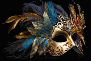 Venetian carnival mask. Gold color, colored feathers. Happy carnival festival, attributes of the Brazilian carnival. Venetian carnival mask and beads decoration. Mardi gras background. photo