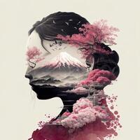 double exposure of a gorgeous geisha and Mount Fuji with peach flower and river. Beautiful face of Asian woman on white background, image combined with nature, green mountains landscape photo