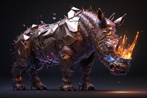 fusion of metal Rhino exploding through fire surrounded by scattered glass shards and debris, cosmic energy photo