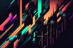 Abstract background with interlaced digital glitch and distortion effect. Futuristic cyberpunk design. Retro futurism, web punk, rave 80s 90s cyberpunk aesthetic techno neon colors. photo