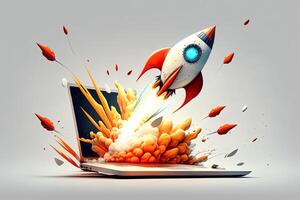 Rocket coming out of laptop screen, white background. AI digital illustration concept of ideas and start up. photo