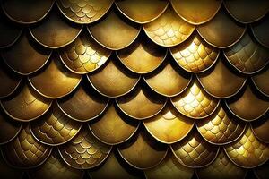 Dragon scales background - gold shining shells . Simple background made of dragon scale armor illustration . photo