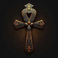 Ancient golden ankh symbol isolated on dark background. Illustration of an Egyptian cross in digital form. The ancient Egyptians used the Ankh as a symbol for eternal life. photo