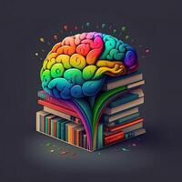 This whimsical image shows a brain with a library inside, its neurons and synapses lit up in a rainbow of joyful colors. A stack of books on a shelf indicates knowledge and learning, photo