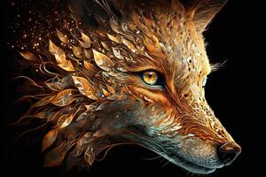 Fantasy Raster Image of Fox Face with Golden Spot, Animal face in the depths of galaxies and stars fox photo