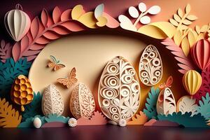 paper cut quilling multi dimensional easter egg in easter celebration, a lot of egg and small rabbit in background. Spring concept. photo