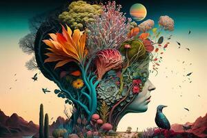the mind lost deep in thought, thoughts of time and numbers, thoughts of a fantasy land with colorful plants and animals, surreal painting Generation AI photo