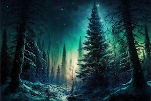 christmas decorated green spruce trees in winter forest, Abstract fantasy festive christmas tree background header wallpaper, winter abstract landscape. Sunlight in the winter forest. photo