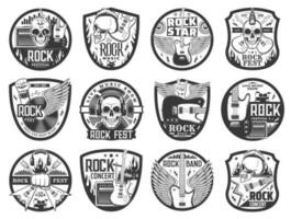 Rock music icons with guitars, drums and skulls vector