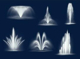 Fountains cascades, isolated vector water jets set