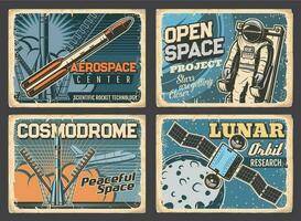 Space research program retro banners, old plates vector