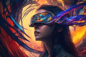 generativo ai ilustración de un entusiasta joven mujer vistiendo virtual realidad gafas de protección es dentro el metaverso. metaverso concepto y virtual mundo elementos. juegos y entretenimiento de el digital foto