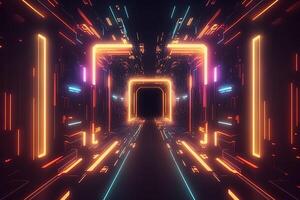 Abstract neon lights into digital technology tunnel. Futuristic technology abstract background with lines for network, big data, data center, server, internet, speed. technology photo