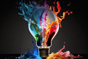 illustration of colorful bulb with splash of colors on black background. Creativity, eureka, imagination, inspiration. . Idea and solution concept photo