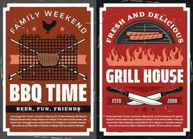 Family weekend barbecue grill picnic, retro poster vector