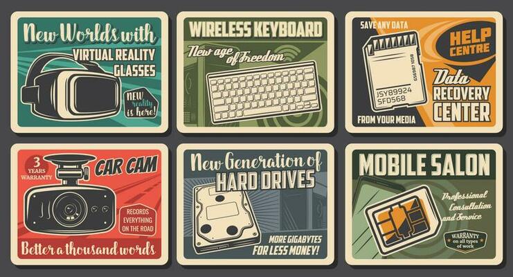 Technology devices, electronics retro posters