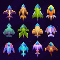 Cartoon starship, spacecraft and spaceship icons vector