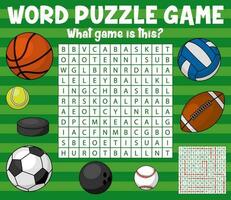 Sport balls on word search puzzle game worksheet vector