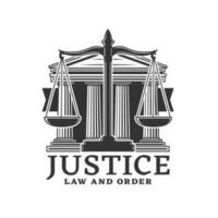 Justice icon with scales, court building columns vector