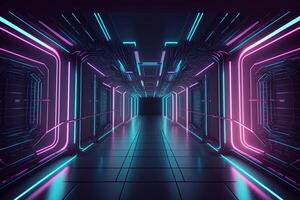 Abstract neon lights into digital technology tunnel. Futuristic technology abstract background with lines for network, big data, data center, server, internet, speed. technology photo