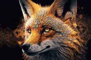 Fantasy Raster Image of Fox Face with Golden Spot, Animal face in the depths of galaxies and stars fox photo