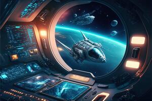 Futuristic navigation system, AR space, floating in the space, flat design, information graphic. Sci-fi space exploration concept. Inside view of the sci-fi cabin of the pilot . photo