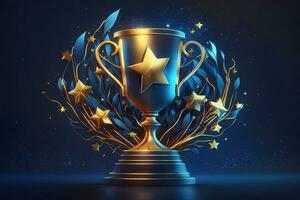 Champion golden trophy with gold stars on blue dark background. Generation AI. Concept of success and achievement. Gold glitters explosion. photo