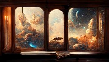 A full size bookshelf beside a window of a rococo style spaceship, milkyway outside the window, classic indoor ambient light, Interior of Magic Library, ornamental glass window. photo