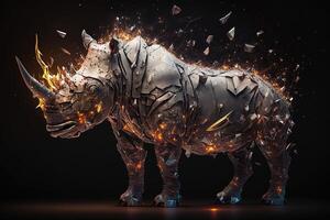 fusion of metal Rhino exploding through fire surrounded by scattered glass shards and debris, cosmic energy photo