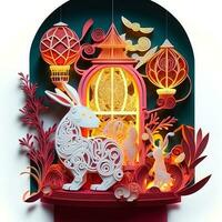 Paper cut quilling multidimensional chinese style cute zodiac rabbit with lanterns, blossom peach flower in background, chinese new year. Lunar new year 2023 concept photo