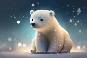 linda polar oso bebé dibujos animados de ensueño en nieve, invierno, generativo ai. animal y paisaje concepto. foto