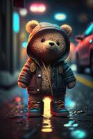 toy cute Bear in clothes jacket and sneakers on street background with neon lighting, photo