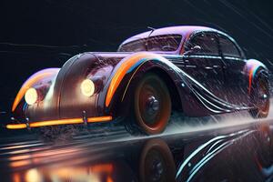 hyper car neon background . Streamline test over the modern car design, diffuse plastic optic, some glowing contours illuminate the car details, dark scene, cinematic lightning photo