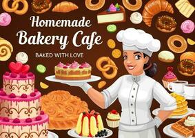 Patisserie bakery, vector baker presenting cake