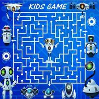 Kids labyrinth maze game, cartoon robots riddle vector